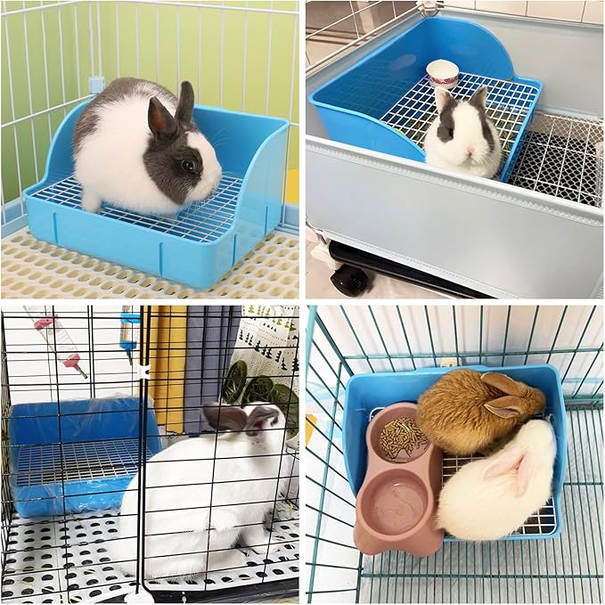 kathson Rabbit Litter Box Toilet Pet Potty Trainer Cage Corner Tray Pan Litter Bedding Box Hanging Water Fountain Automatic Dispenser for Adult Guinea Pigs Rabbits Hamster Chinchilla Ferret Blue