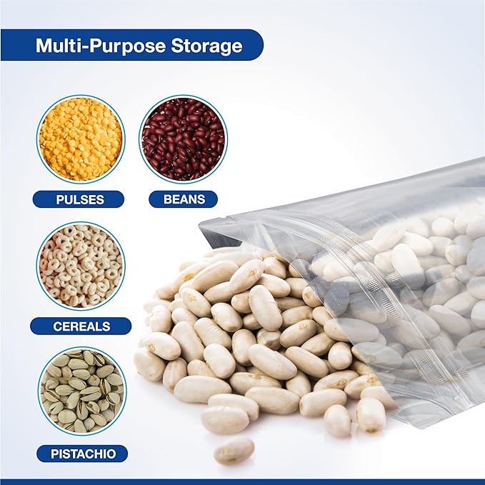 BELLE KR® Clear Mylar Bag 8"x12" - Pack of 100, 8 Mil Thick - 2 Quart Stand Up See Through Mylar Bags for Food Storage with Label Stickers