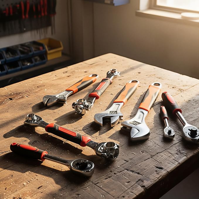 Lasnten 8 Pcs Universal Socket Wrench Set Including 8", 10", 12” Adjustable Wrench, 52 In1 and 48 In1 Dog Bone spanner, 1/4", 3/8", 1/2" Drive Ratchet spanner for Home Bicycle and Car Repair