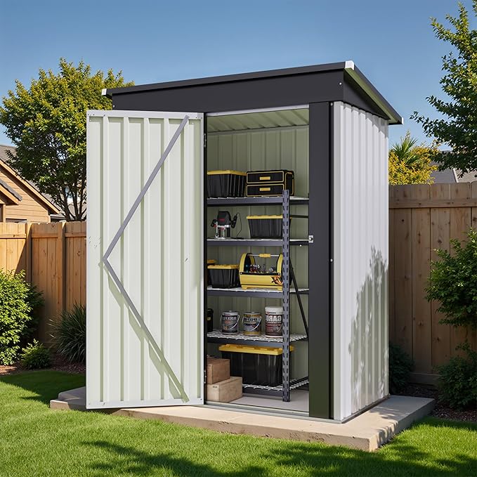 Flamaker 5x3 FT Storage Shed Waterproof Metal Garden Shed with Lockable Door Utility Tool Shed Outdoor Storage for Backyard, Patio and Lawn, White