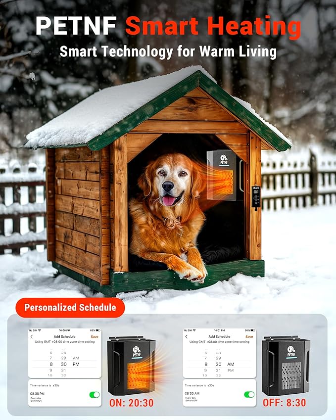 Dog House Heater – 45℉ to 113℉ Thermostat Controlled Pet House Heater with Wifi Remote App Control 300W Fast Heating Energy Saving Eco Mode Safe for Outside Dog House Winter Chicken Coop
