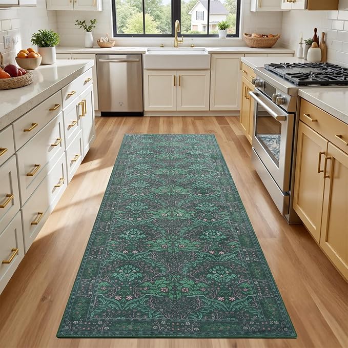 Dark Green 2x6 Washable Kitchen RunnerRug,Rubber Backed Runner Rugs,Vintage Soft Low Pile Long Carpet for Kids Room Non-Slip Stain Resistant Runner for Bathroom Hall Kitchen Office Stair