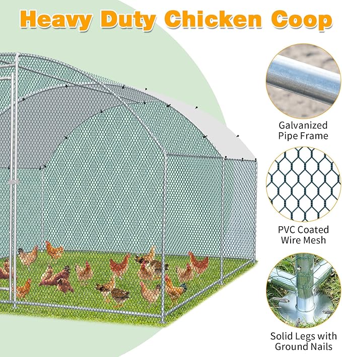 VINGLI Chicken Coop, Large Metal Poultry Cage for Chicken Run, Walk-in Chicken Pen with Waterproof & Anti-UV Cover Outdoor (Silver-Dome Roof, 13.1 * 9.8 * 6.5 ft)