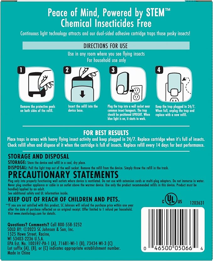 STEM Insect Trap - Indoor Fruit Fly & Gnat Pest Control for House, Home and Kitchen, Attracts & Traps Flying Bugs, Soft Blue Light - Includes 1 Plug-in Device & 3 Cartridges