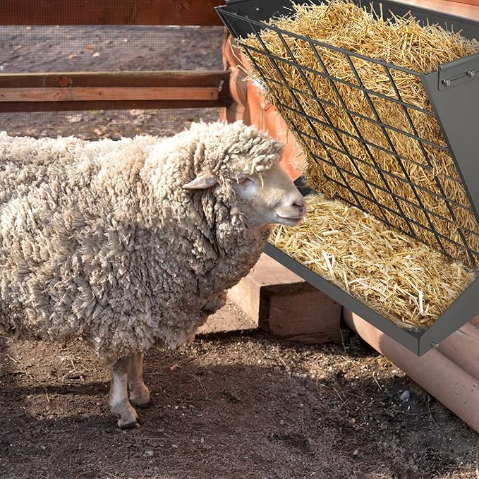 Wall Mount Hay Rack, Heavy-Duty Galvanized Metal 2 in 1 Hay and Grain Feeder, Livestock Feeder with Adjustable Distance, Hay Feeder for Goats, Sheep, Horse