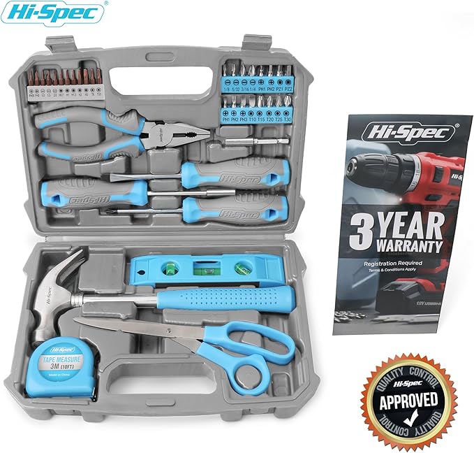 Hi-Spec 38pc Blue Household DIY Tool Set. Home, Office and College Dorm Small Toolkit Box of Starter Basic Tools