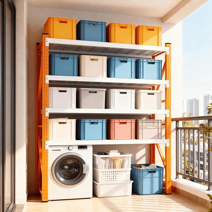 4-Tier Storage Shelves,79" H Heavy-Duty Garage Shelving Unit,Adjustable Metal Industrial Shelf System,3,000lbs Capacity,Tool Organizer for Garage,Workshop,42" W x 20" D x 79" H,Orange&White