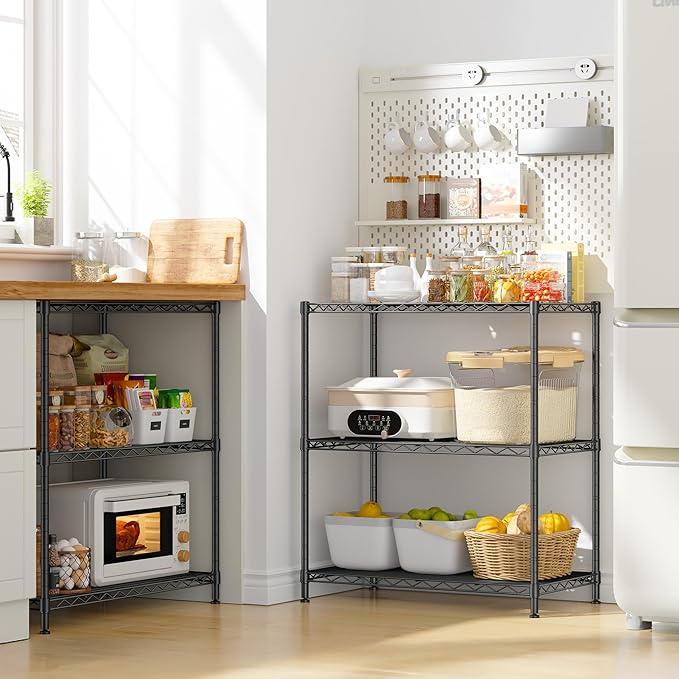 450LBS Storage Shelves 3 Tier Metal Shelving Unit Adjustable Wire Shelving Storage Rack Pantry Shelves for Kitchen Laundry Office Dorm Closet Bathroom 24" W x 30" H x 14" D Black