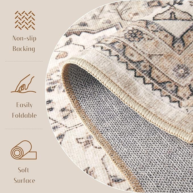 3x5 Washable Entryway Rug: Non-Slip Soft Indoor Throw Area Rug for Living Room Bedroom Kitchen, Boho Floral Distressed Durable Carpet for Hallway Bathroom Laundry Home Decor (Brown/Beige)