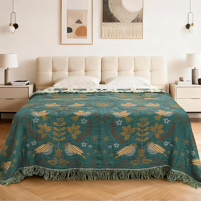 MACEVIA 100% Cotton Boho Throw Blanket, Soft Lightweight Green Bird Floral Design, 80"x90" Queen Size Bedspread for Couch Sofa, Bed, Travel, Cottagecore Decor, with Fringe Tassels (Bird Floral)