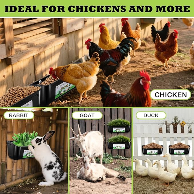 3 Pack Chicken Feeder, Duck Feeder Supplies, Hanging Fence Feed Trough with Clips for Goat, Sheeple, Piglet, Gooses, Turkeys, Dog Livestock Poultry, 8 Quarts in Total, Feed Scoop Included, Black