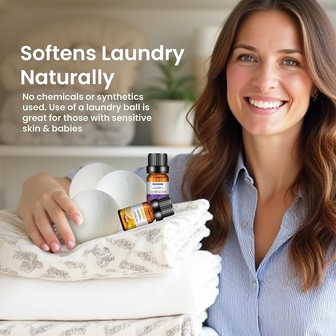 Seren Dryer Balls Laundry Reusable 6-Pack with Essential Oils for Dryer Wool Balls, Organic New Zealand Wool Dryer Balls Essential Oil Lavender Scent and Lemon Scent, Plastic-Free, Eco-Friendly