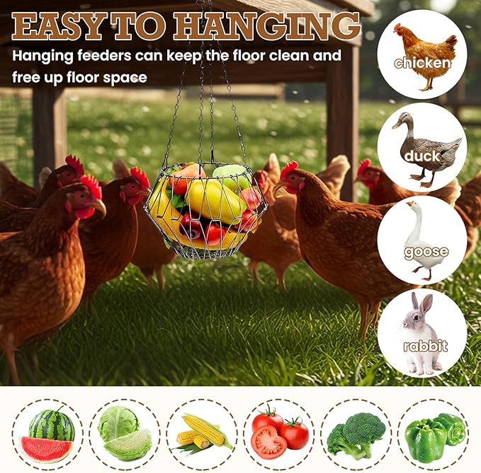 Patelai 3 Pack Hanging Chicken Feeder, 9.2in Large Vegetable Fruits Poultry Feeder Basket with Hanging Chains, Foldable Ducks Treat Dispenser Chicken Toys for Coop for Rabbits Hens, Black