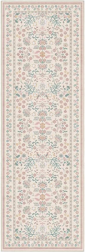 Runner Rug for Hallways Kitchen: 2x6 Washable Area Rug Boho Floral Soft Long Rug - Non-Slip Low Pile Throw Indoor Carpet for Entryway Kitchen Bedroom Laundry Bathroom - Pink