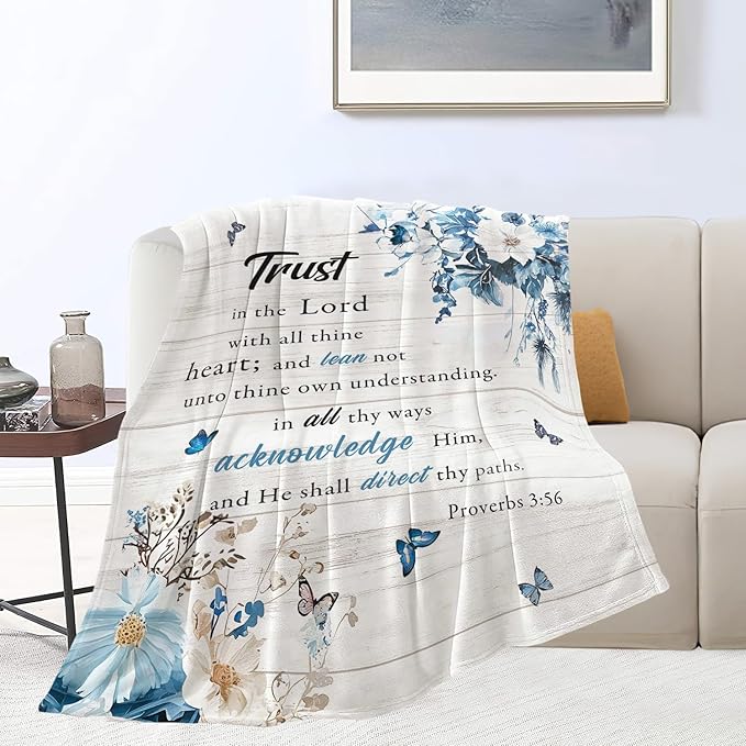 Christian Blanket Super Soft Warm Bible Verse Fleece Throw Blanket Cozy Fluffy Scriptures Trust in Lord Lightweight Flannel Gifts Blankets for Kids Adults 60"X50"