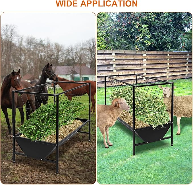 Pasture Hay Feeder 50 Gallon, Heavy Duty 2-in-1 Livestock Feeder, Hay Grain Feeding with 30 Gallon Feed Pan, Black Powder Coated Surface Steel Livestock Feeder for Sheep, Calf, Cow and Horse