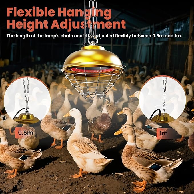 Heat Lamp for Chickens, 170W & 350W Adjustable Heating Temperature and Hanging Height, Chicken Coop Heater, Brooder Lamp, Carbon Fiber Heating Lamp for Chicks, Ducks, Rabbits, Cats, Dogs, Livestocks