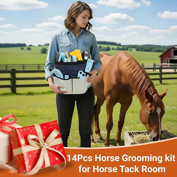 Horse Grooming Kit, 14-in-1 Professional Horse Brush Supplies Set for Grooming & Care, with Horse Brushes, Curry Comb, Hoof Pick & Waterproof Storage Tote Bag for Shining, Detangling, Massaging