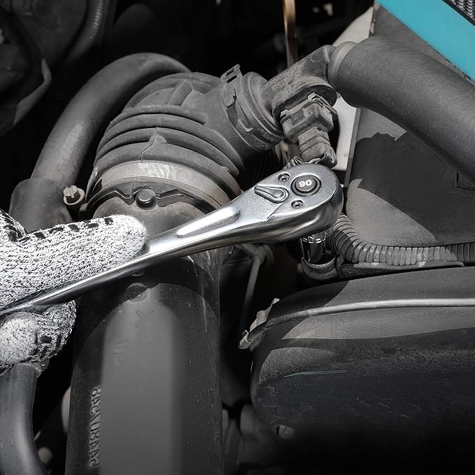 DURATECH 3/8 Inch Drive Ratchet Handle, Ratchet Socket Wrench, 90 Tooth, 8-3/8 Inch Length, Heavy Duty, Professional Ratchets, Quick-release Reversible, Premium Chrome Alloy Made, Polish Chrome Finish