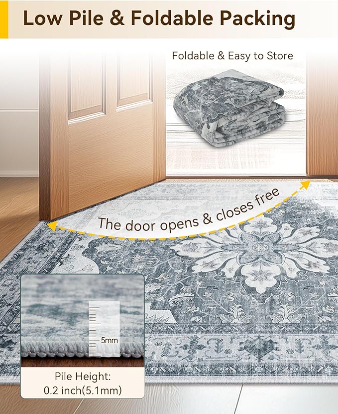 Area Rugs 3'x10' Washable Non-Slip, Floral Vintage Distress Print Pattern Medallion Carpet for Living Room Bedroom Dining Room, Light Gray Grey White