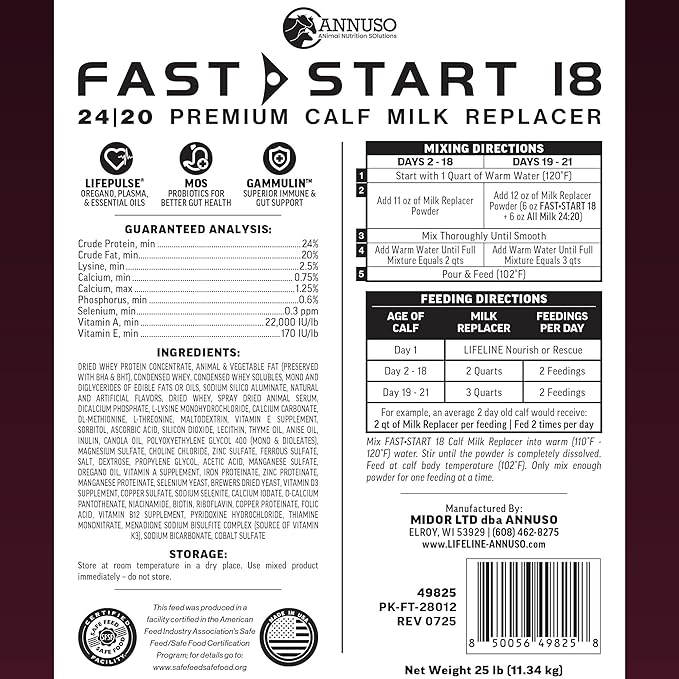 ANNUSO LIFELINE Fast Start 18 Calf Milk Replacer 24:20, 25lb Bag - All-Milk Formula with LifePulse & Gammulin - Immune, Gut & Respiratory Support - No Artificial Flavors, Easy Mix for Calves