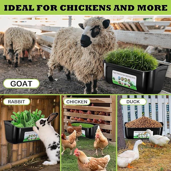 2 Pack Large Goat Feeder, Duck Chicken Feeder Waterer, Hanging Fence Feed Trough with Clips for Goat, Sheeple, Piglet, Gooses, Turkeys, Dog Livestock Poultry, Feed Scoop Included, Black