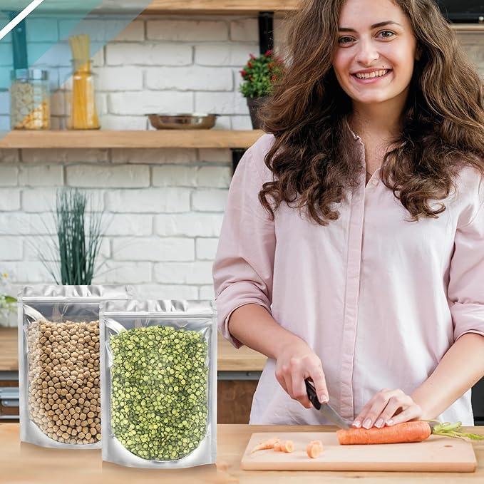 BELLE KR® 7x10 Quart Mylar Bags for Food Storage - Pack Of 100-7.5mil Thick - Gusseted Bottom - Clear Mylar Bags with See Through Window for Freeze Drying food - Labels Included