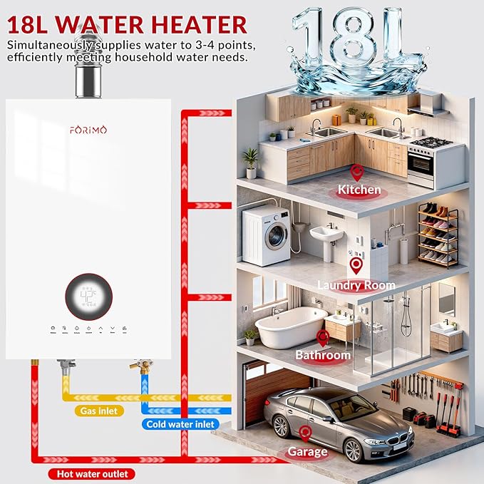Tankless Water Heater Natural Gas, 4.74 GPM 18L Indoor Instant Hot Water Heater with Digital Fahrenheit Display Multi-Protection Constant Temperature for Home & Apartment
