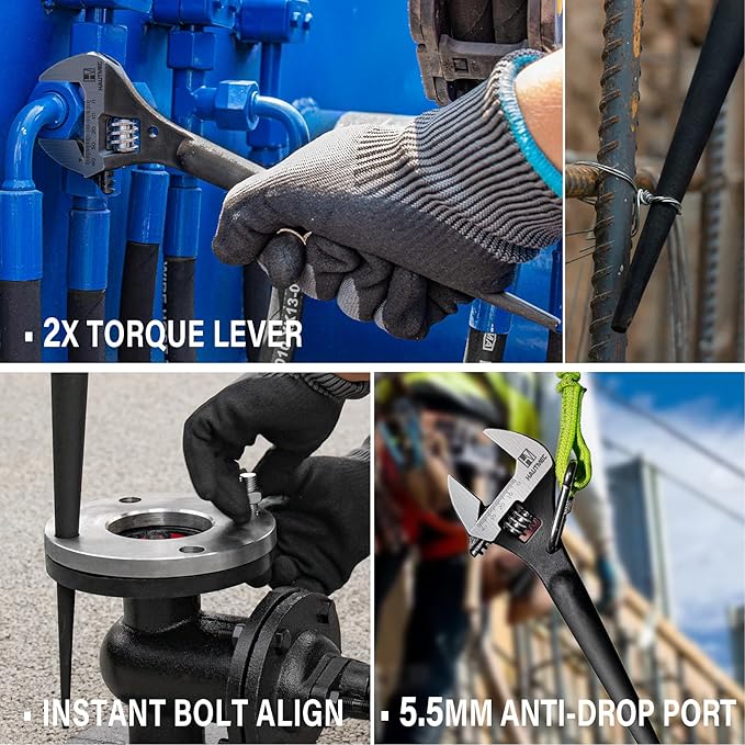 HAUTMEC 12 inch Adjustable Spud Wrench, Wide Jaw Up to 1-11/32"(34mm), Adjustable Spud Wrenches with Tail Pry Bar Features, Black Oxide Finish, Forged CR-V Steel Metric & SAE Scales with Tether Hole