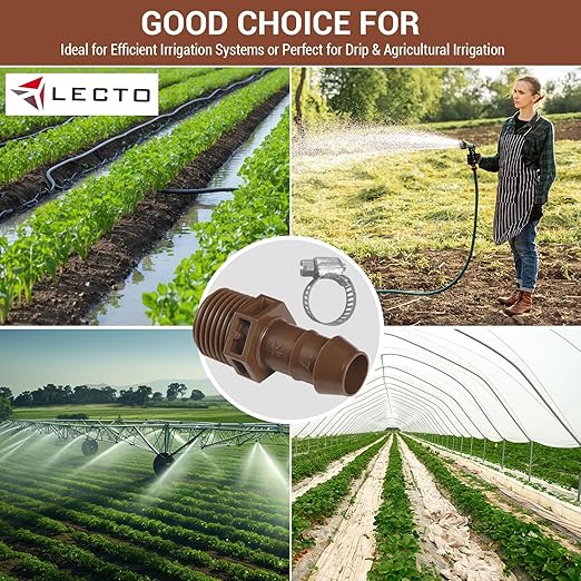 LECTO 1/2" MPT Drip Irrigation Adapter – Fits 1/2" & 5/8" Tubing, Barbed Connector with Stainless Clamp, UV-Resistant (3 Pack)