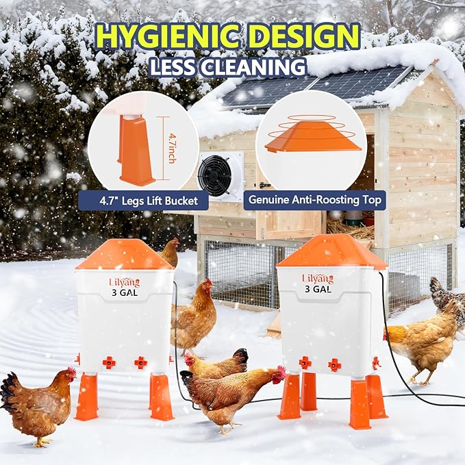 Lilyang Heated Chicken Waterer 3 Gallon, 250W Chicken Water Heater with Thermostat Control, Freeze-Proof Poultry Drinker for Winter, Hanging/Standing Use