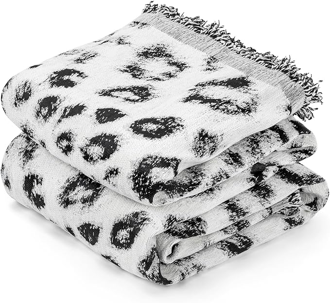 MACEVIA Boho Throw Blanket for Bed, Snow Leopard Printed Blanket, Woven Boho Blankets and Throws with Tassel for Couch Sofa, All Season Home Decor Cheetah Blanket (Snow Leopard 50"×70")