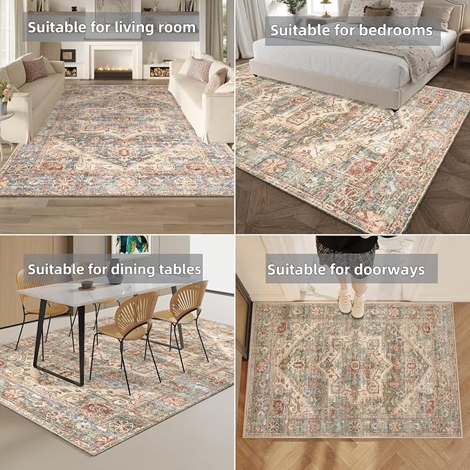 Area Rug 5x7 Living Room Rugs,Machine Washable Rug,Stain Resistant Soft Thin Floral Carpet,Green Boho Vintage Home Decor,Indoor Non-Slip Rugs,for Bedroom,Office,Farmhouse,Dining