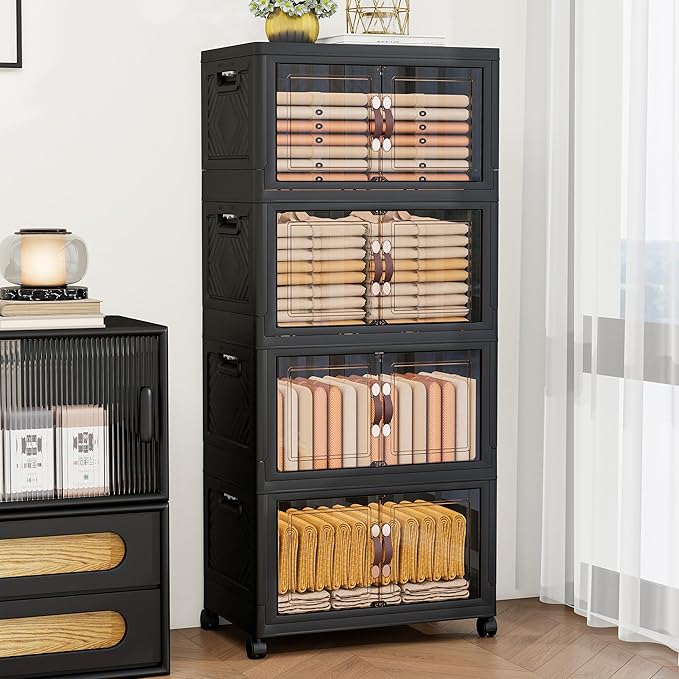Storage Bins with 2 Lids and Wheels, Collapsible Bathroom Storage Cabinet with Clear Doors, Plastic Stackable Closet Organizers and Storage Containers Black 597 QT