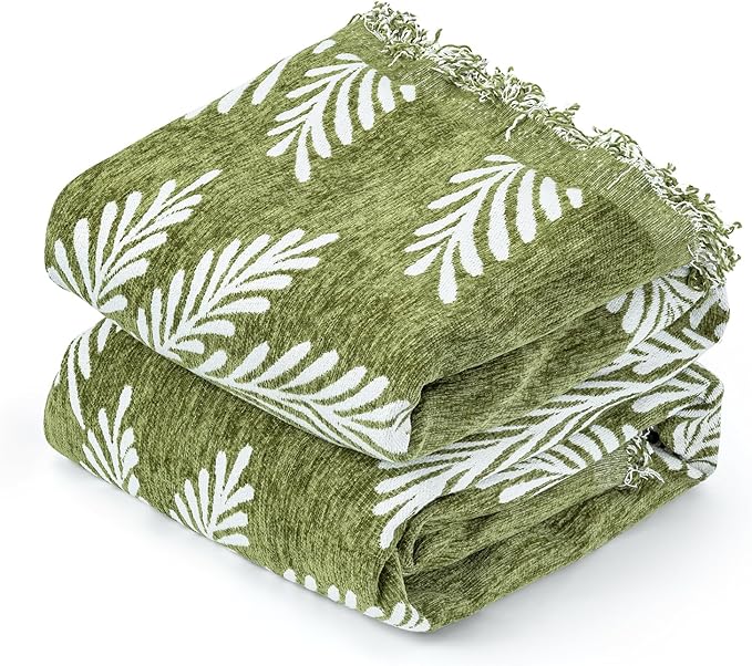 MACEVIA Boho Throw Blanket for Bed, Green Leaf Printed Blanket, Leaf Woven Boho Blankets and Throws with Tassel for Couch Sofa, All Season Cottagecore Decor Boho Blanket (Green Leaf 50"×70")