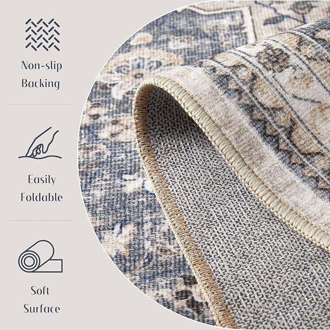 2x3 Washable Entryway Rug: Non-Slip Soft Indoor Throw Small Vintage Floral Area Rug for Kitchen Bedroom, Low Pile Durable Carpet for Front Door Porch Floor Doormat Home Decor (Blue/Beige)