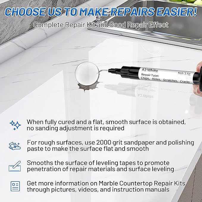 Quartz Countertop Repair Kit (Clear, White, Gray, Beige) 30s Fast Curing DIY Fix Luxury Stone, Granite Marble Acrylic Porcelain Fiberglass Quartz Countertop Chip Repair Kit for Cracks Holes Scratches