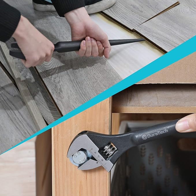 DURATECH 12-Inch Adjustable Construction Spud Wrench, Black Oxide Finish, CR-V Steel, SAE and Metric Scale Marked, Alignment Holes and Tail Crowbar Features