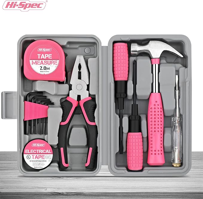 Hi-Spec Mini Tool Kit: Pink Basic Tool Box for College/Dorm, Home & Office DIY. Household Basic Repairs in a Portable Case