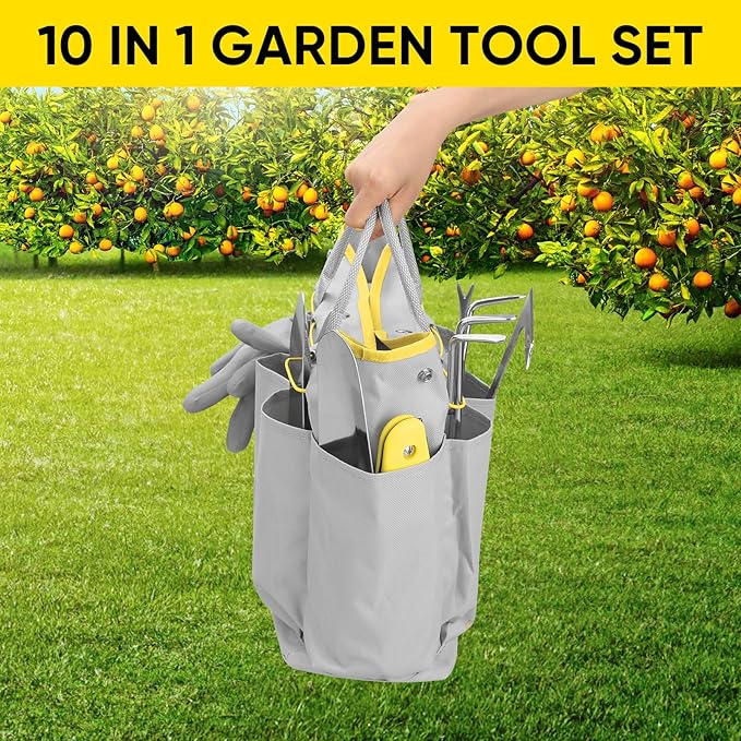 Blumway Garden Tool Sets, 10 Piece Heavy Duty Gardening Tool Set, Stainless Steel Gardening Hand Tools with Garden Tool Bag, Garden Tool Kit for Gardening Supplies,Ideal Garden Gifts for Women Men