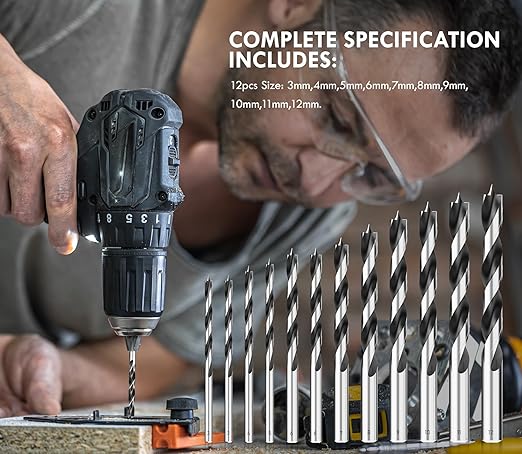 Metric Brad Point Wood Drill Bit Set, 12Pcs Drill Bit Set with Double Flutes Design for Carpenter Woodworking and All Types of Wood (3mm - 12mm)