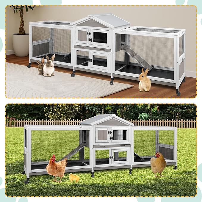 93" Rabbit Hutch Outdoor Indoor with Run Wooden Weatherproof Bunny Cage with 8 Wheels,4 Leak-Proof Trays,Dual Metal Run & Ramp,Small Animal Outdoor Pens & Hutches for 1-3 Rabbits,Guinea Pigs