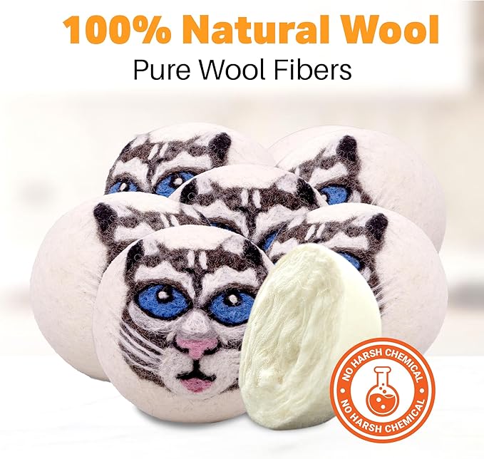 Wool Dryer Balls 6-Pack 100% Natural New Zealand Wool, Handmade in Nepal Reusable Laundry Balls, Faster Drying, Softer Clothes, Anti-Static, Dryer Sheets Alternative (Gray Cat)