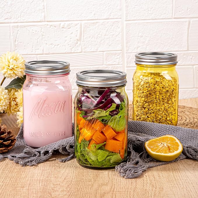 WELLIFE 6PCS 32 oz Mason Jars Wide Mouth-Vibrant Colored Glass Jars for Canning, Food Storage, Fermenting & DIY Craft. Glass Jar with Lid, Airtight & Durable