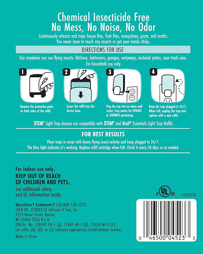 STEM Insect Trap - Indoor Fruit Fly & Gnat Pest Control for House, Home and Kitchen, Attracts & Traps Flying Bugs, Soft Blue Light - Includes 1 Plug-in Device & 1 Cartridge