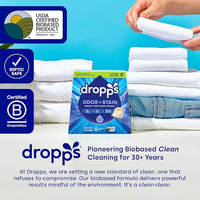 Dropps Odor & Stain Biobased Power Laundry Detergent Pods, Crisp Breeze HE Compatible Laundry Pods for Fresh Clothes - Laundry Soap Supplies & Recyclable Paperboard Packaging