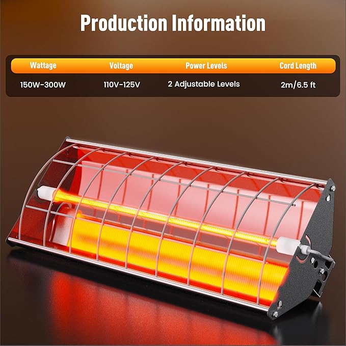 Chicken Coop Heater, Large Infrared Heat Lamp for Poultry, Livestock & Pets, Safe Chicken Brooder Heat Lamp, 2 Levels, 150-300W, Instant & Even Heating, Low Light, Adjustable Height, Silver