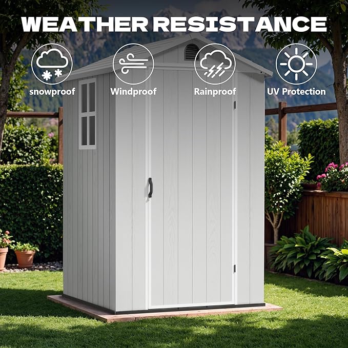 Devoko 4x4 FT Outdoor Shed, Compact & Secure Plastic Resin Storage with Lockable Door, Features Built-in Floor & Window for All-Weather Garden, Patio, and Poolside Organization, Light Gray