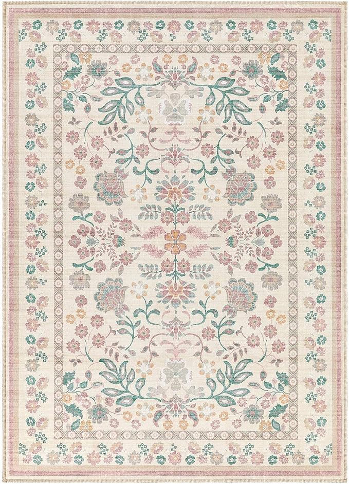 Door Mat Entrance Rug: 2x3 Washable Area Rug Boho Floral Small Rug - Non-Slip Low Pile Throw Indoor Carpet for Entryway Kitchen Front Door Bathroom Entry Kids Room - Pink