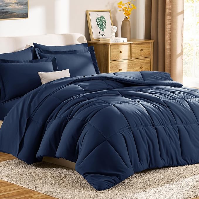 CozyLux Full Size Comforter Sets Navy Blue - 7 Pieces Bed in a Bag Full, Oeko-Tex Certified Bed Set, All Season Soft Bedding Set with Down Alternative Comforter, Sheets, Pillowcases & Pillow Shams